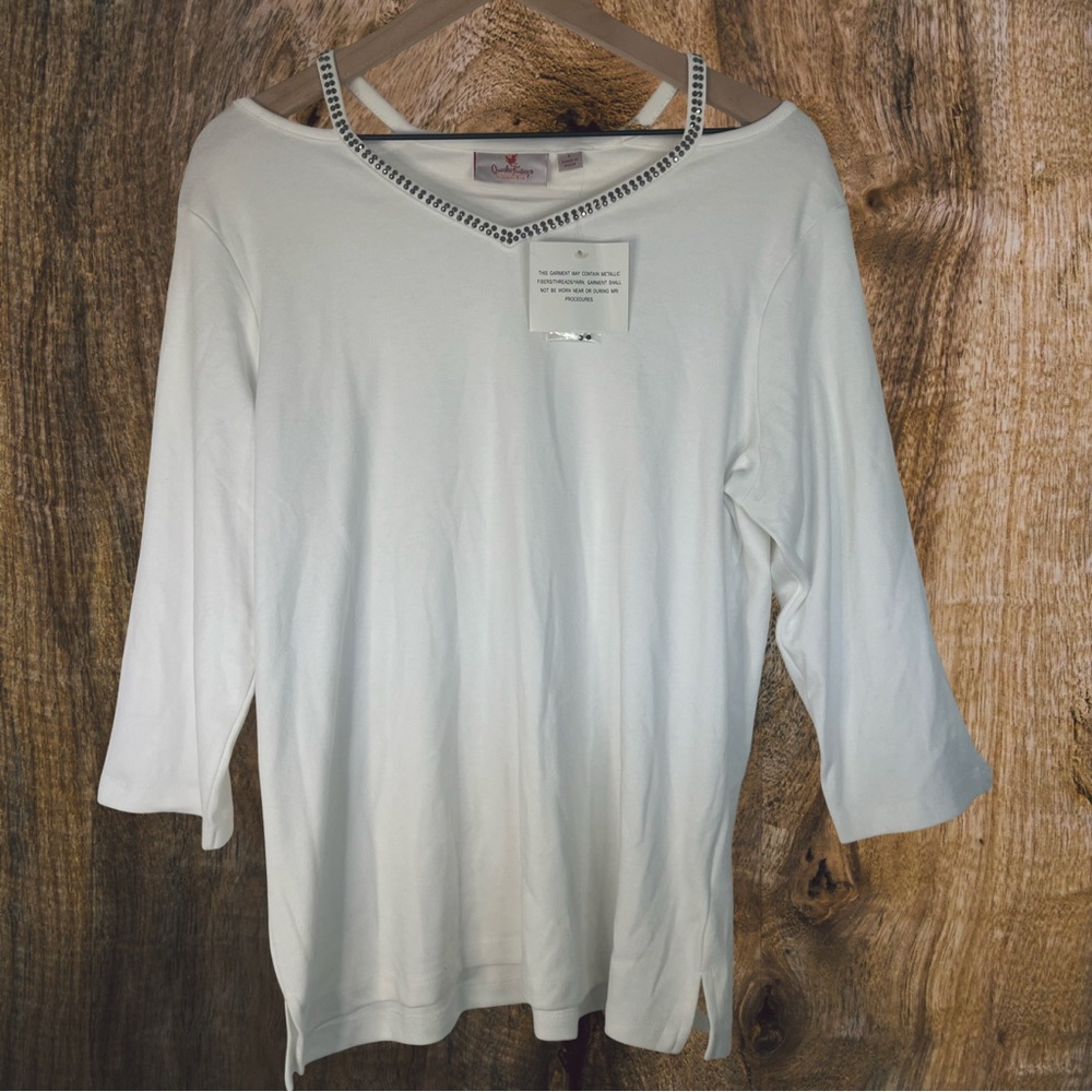 Quacker Factory White Rhinestone V-Neckline With Off Shoulder 3/4 Sleeve Top, L